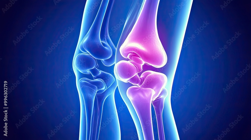 X-ray of a sore knee that hurts due to injury or age-related degenerative processes. The area of focus of the pain is highlighted in color. Medical illustration for advertising. X-ray of a sore knee that hurts due to injury or age-related degenerative processes. The area of focus of the pain is highlighted in color. Medical illustration for advertising.