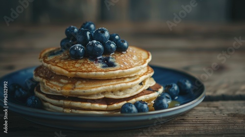 Blueberry pancake in plate with honey closeup view