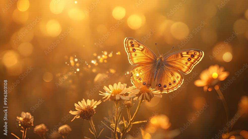 delicate golden butterfly resting on vibrant flowers, illuminated by warm sunlight, creates serene and enchanting atmosphere. soft bokeh enhances beauty of nature