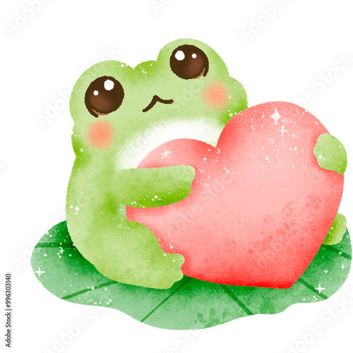 A watercolor hand drawn cute illustration for love valentines day invitations greetings heart printable a frog holding a big heart on a lily pad 