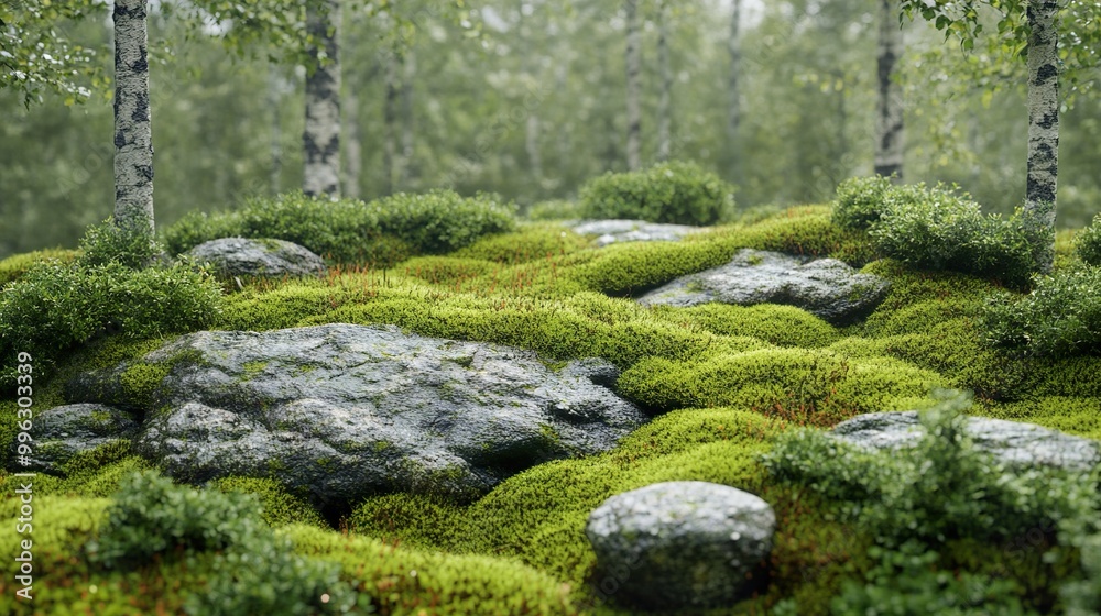 Lush Green Moss and Rocks in a Tranquil Forest