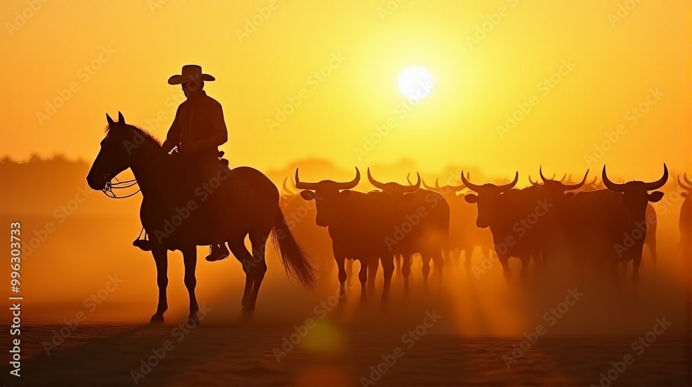 Silhouette of a Cowboy on Horseback Managing a Herd of Cattle On a Dusty Plains During Sunset Silhouette of a Cowboy on Horseback Managing a Herd of Cattle On a Dusty Plains During Sunset