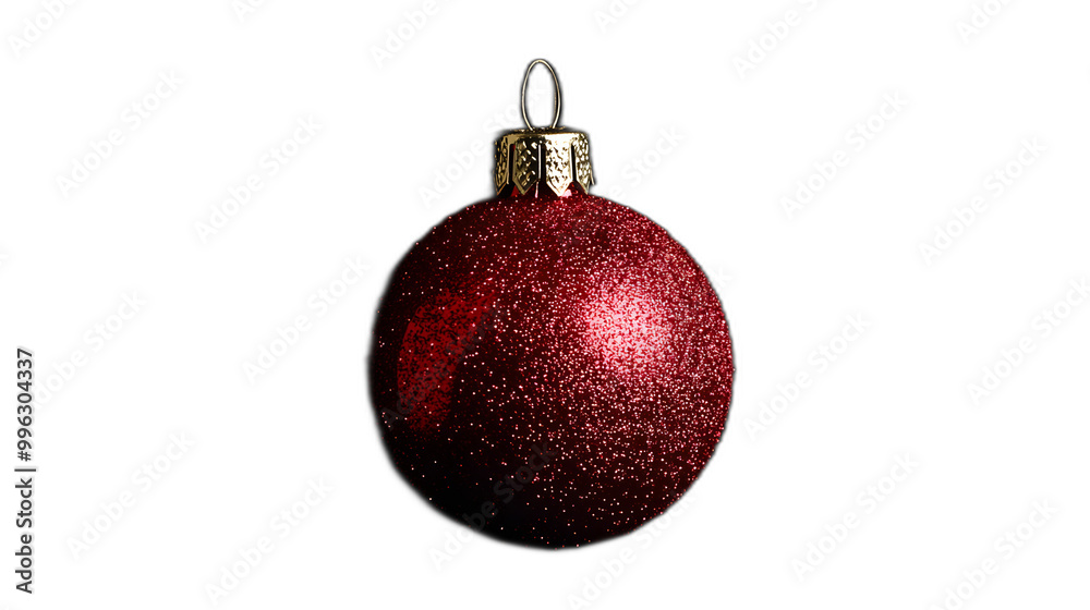 A red Christmas bauble with sparkles placed against a solid black background