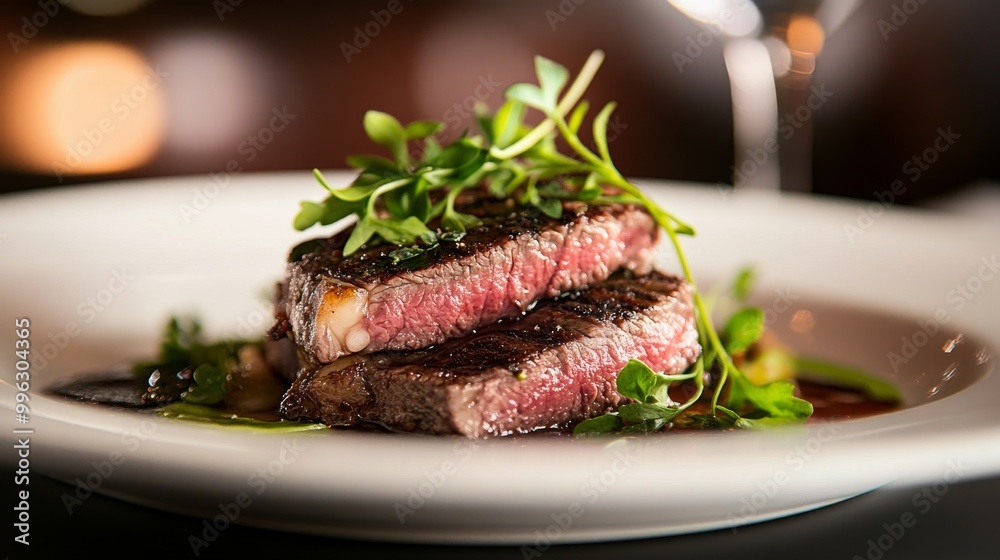 Elegantly Plated Wet-Aged Beef Garnished with Fresh Herbs Elegantly Plated Wet-Aged Beef Garnished with Fresh Herbs