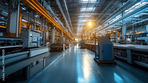 spacious factory floor filled with advanced machines producing biodegradable materials, illuminated by warm sunlight streaming through large windows, creating productive atmosphere