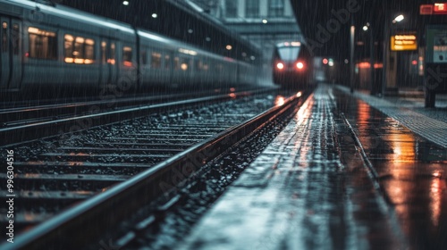 A close-up of train tracks glistening in the rain at a station, with a train approaching in the background, capturing the moody atmosphere of a rainy day.