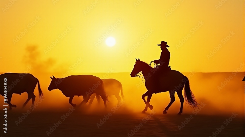 Fototapeta premium Silhouette of a Cowboy on Horseback Managing a Herd of Cattle On a Dusty Plains During Sunset