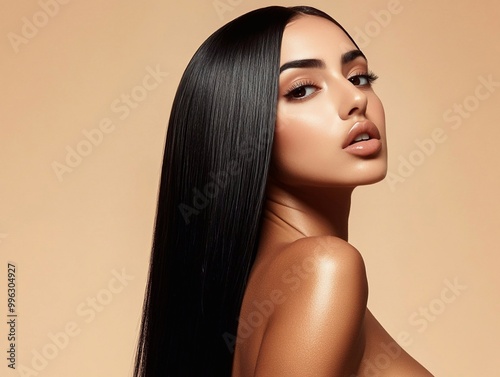 Studio shot of beautiful woman with long silky black hair for hair product advertising poster.Macro.AI Generative.