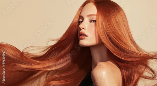 Beautiful woman model with long ginger red silky shining hair for hair products advertising on beige background.Macro.AI Generative. photo