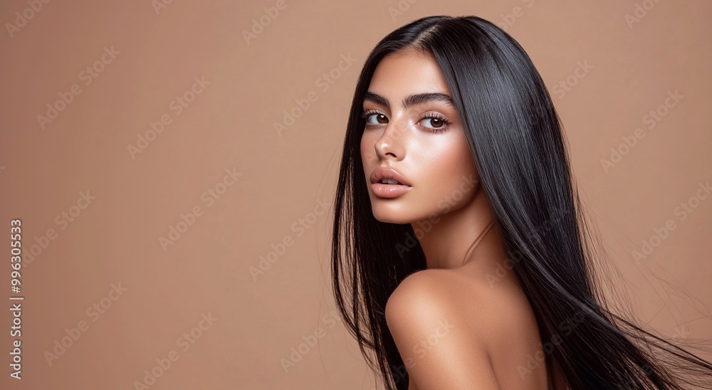 Young beautiful woman model brunette with long black silky shining hair for hair products advertising.Macro.AI Generative. Young beautiful woman model brunette with long black silky shining hair for hair products advertising.Macro.AI Generative.