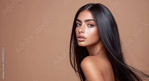 Young beautiful woman model brunette with long black silky shining hair for hair products advertising.Macro.AI Generative.