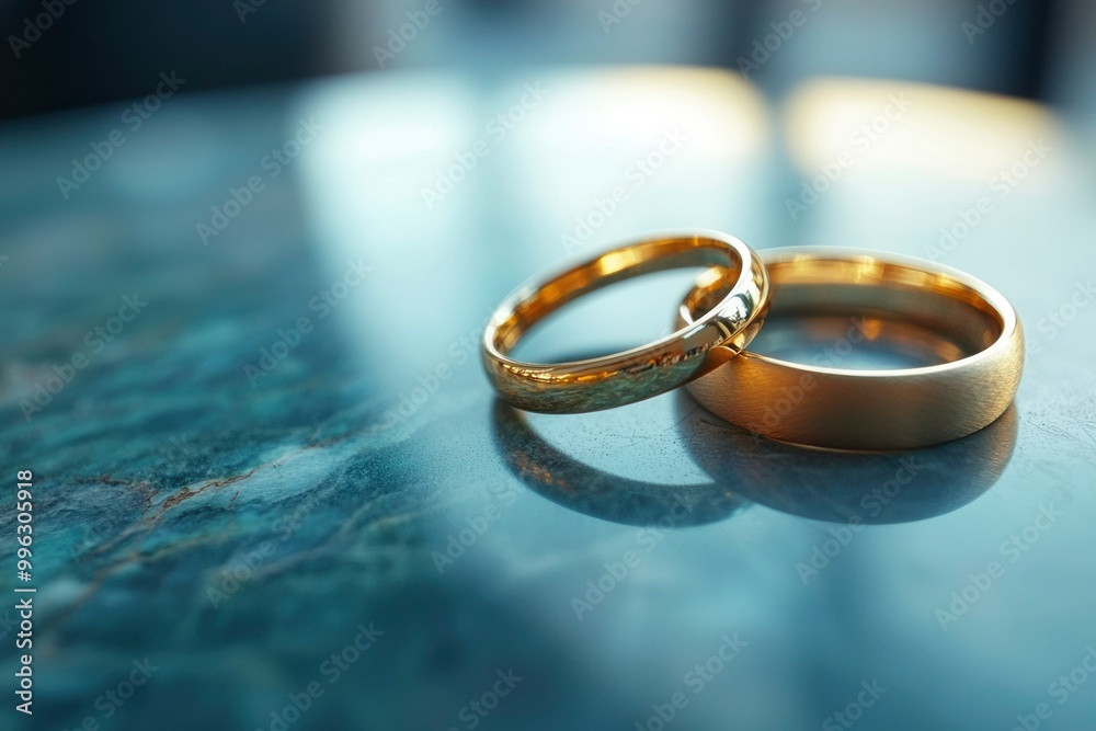 Two Gold Wedding Bands on a Marble Surface Two Gold Wedding Bands on a Marble Surface