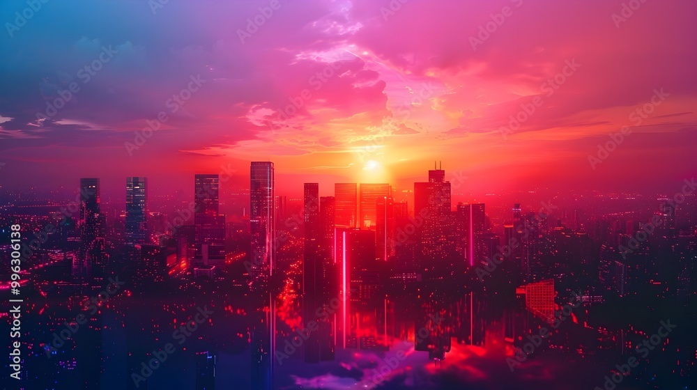 Obraz premium Mesmerizing Neon City Skyline at Dramatic Sunset with Vibrant Color Gradient