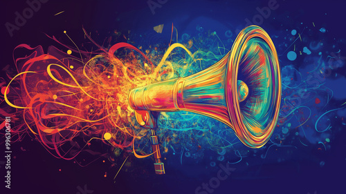 A megaphone with sound waves on colorful background.