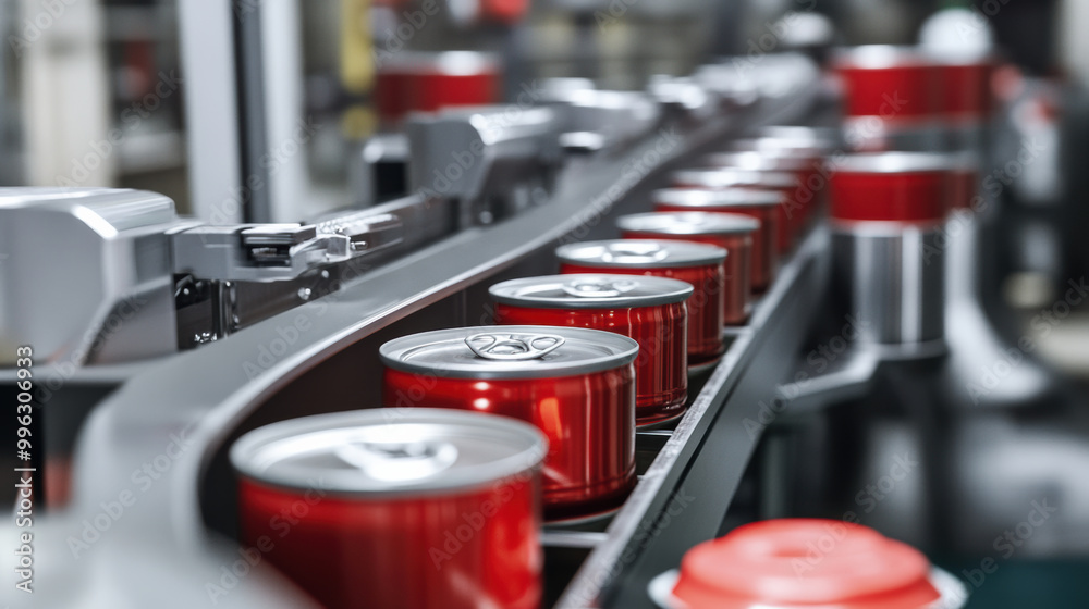 Automated food canning line with red cans moving along conveyor belt, showcasing modern manufacturing technology and efficiency in food processing Automated food canning line with red cans moving along conveyor belt, showcasing modern manufacturing technology and efficiency in food processing