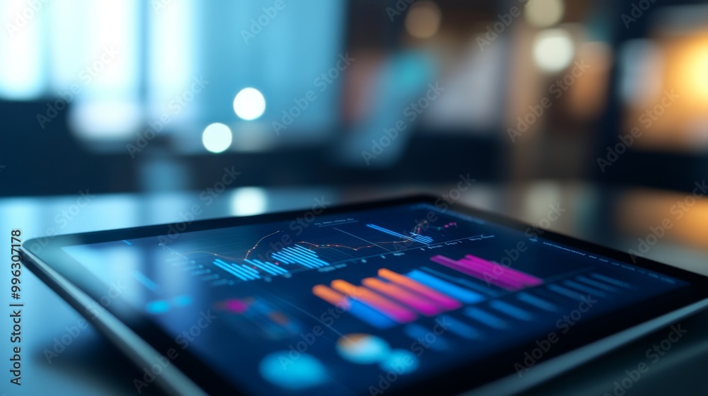 A close-up view of a tablet showing a vibrant business graph with various data points, set against a blurred background of an office workspace, emphasizing modern technology A close-up view of a tablet showing a vibrant business graph with various data points, set against a blurred background of an office workspace, emphasizing modern technology