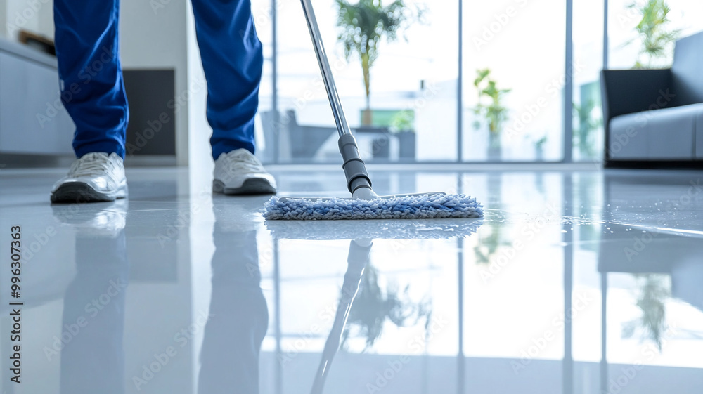 A person cleaning the floor with a mop in an office or hotel.