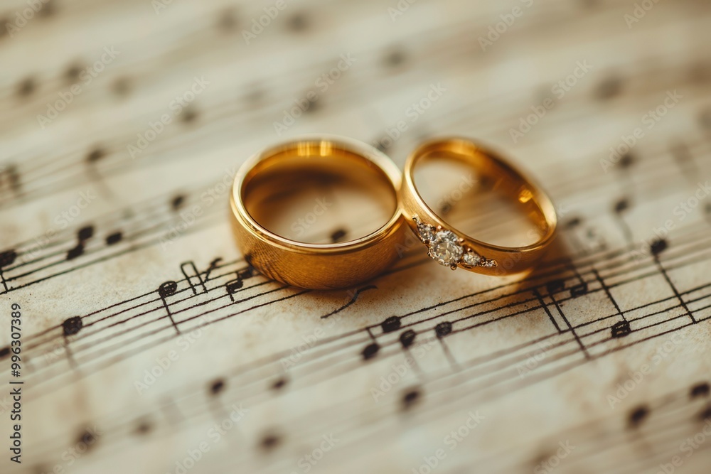 Two Gold Wedding Bands Resting on a Sheet of Music