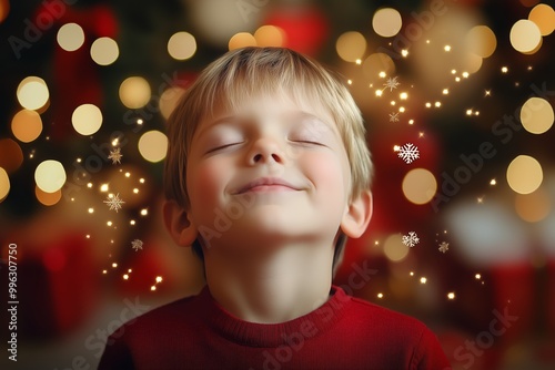 Joyful child enjoying the festive atmosphere with lights and decorations during the holidays