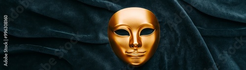 A stunning golden mask displayed against a dark velvet backdrop, symbolizing mystery and elegance.