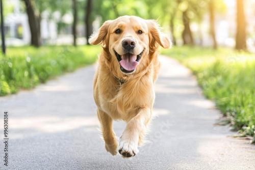 Golden retriever running joyfully in a sunny park setting.