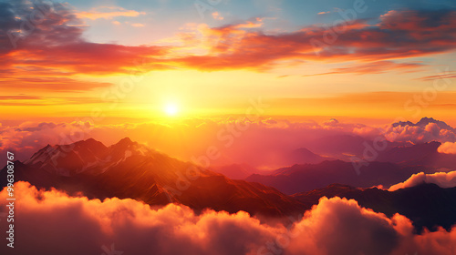 A breathtaking view of mountains at sunset, with vibrant colors painting the sky and soft clouds embracing the peaks, creating a serene and peaceful atmosphere. photo