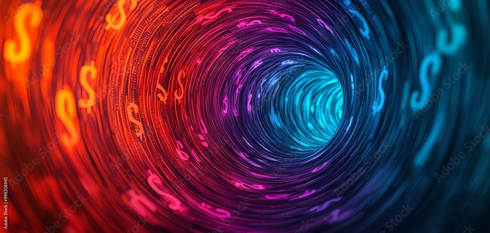 A vibrant abstract swirl of colors with dollar symbols, representing economic flow and financial dynamics in a digital environment. A vibrant abstract swirl of colors with dollar symbols, representing economic flow and financial dynamics in a digital environment.