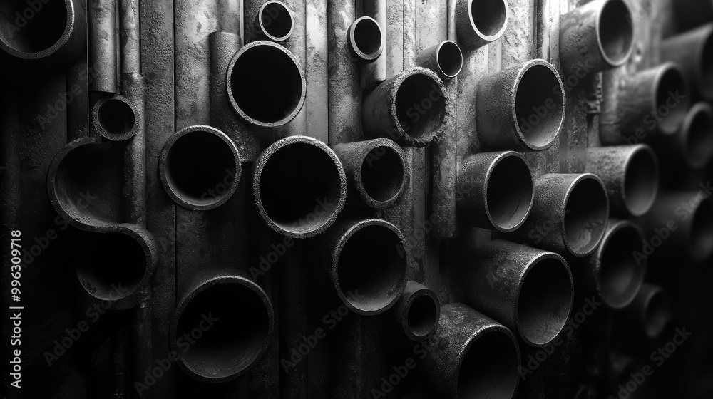 A monochrome arrangement of various metal pipes in a dynamic layout.