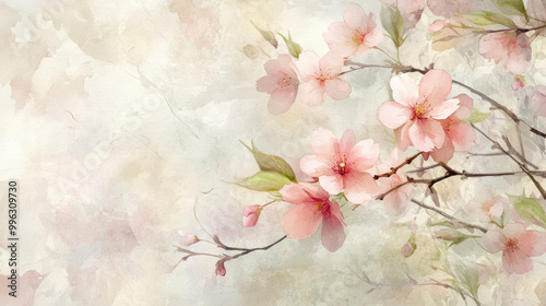 Delicate pink cherry blossoms painted in soft watercolors create serene and tranquil atmosphere, evoking feelings of peace and beauty in nature