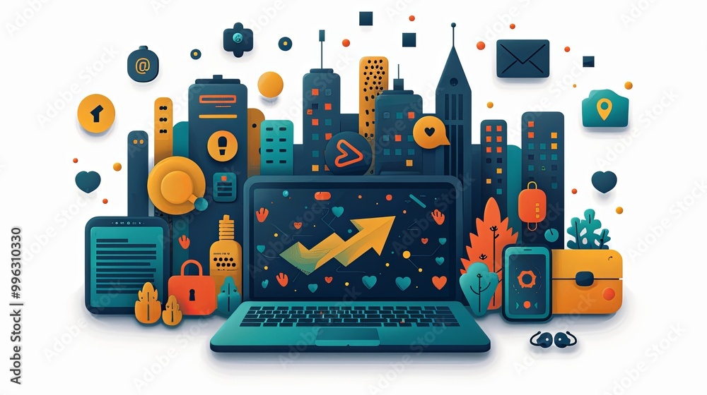 Soaring arrow intertwined with a laptop, earphones, and smartphone symbolizing upward mobility and digital efficiency Soaring arrow intertwined with a laptop, earphones, and smartphone symbolizing upward mobility and digital efficiency