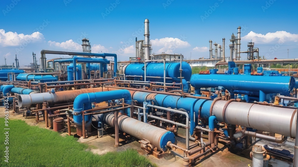 Industrial area filled with steel pipes, valves, and powerful pumping systems. Industrial area filled with steel pipes, valves, and powerful pumping systems.