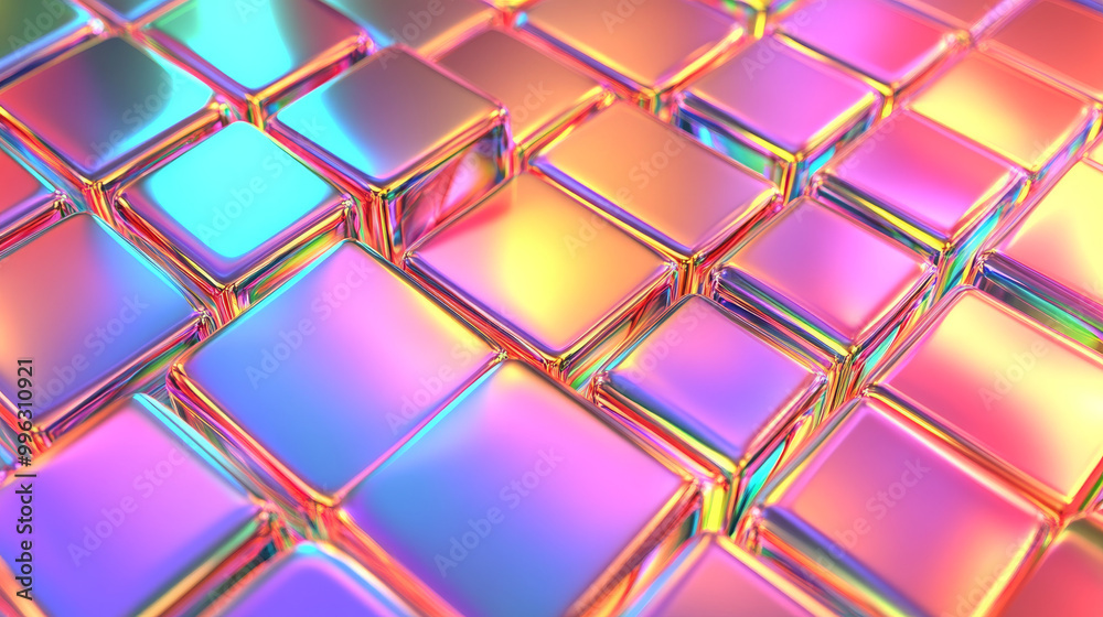 Abstract 3D background wallpaper featuring glass squares with colorful light emitters, showcasing an iridescent neon holographic gradient. This design serves as a visual element ideal for banners, hea Abstract 3D background wallpaper featuring glass squares with colorful light emitters, showcasing an iridescent neon holographic gradient. This design serves as a visual element ideal for banners, hea