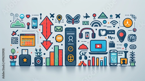 Soaring arrow intertwined with a laptop, earphones, and smartphone symbolizing upward mobility and digital efficiency