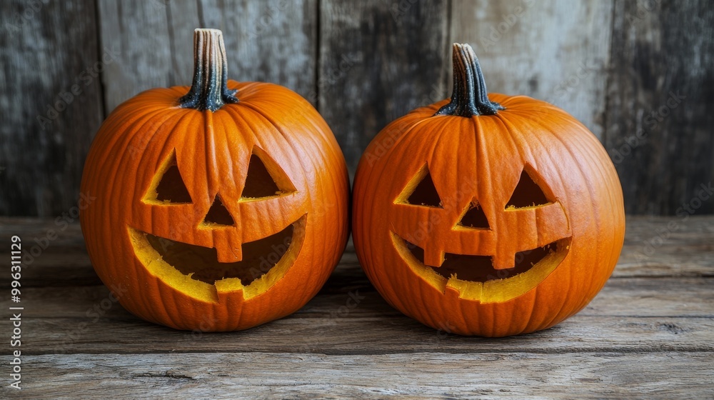 Festive Jack-o-Lanterns Displayed on Weathered Wood for Halloween