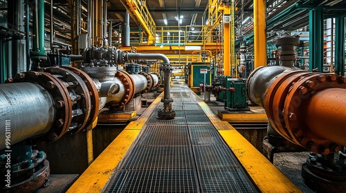 Industrial plant setup: steel pipelines, valves, and heavy-duty pumps.