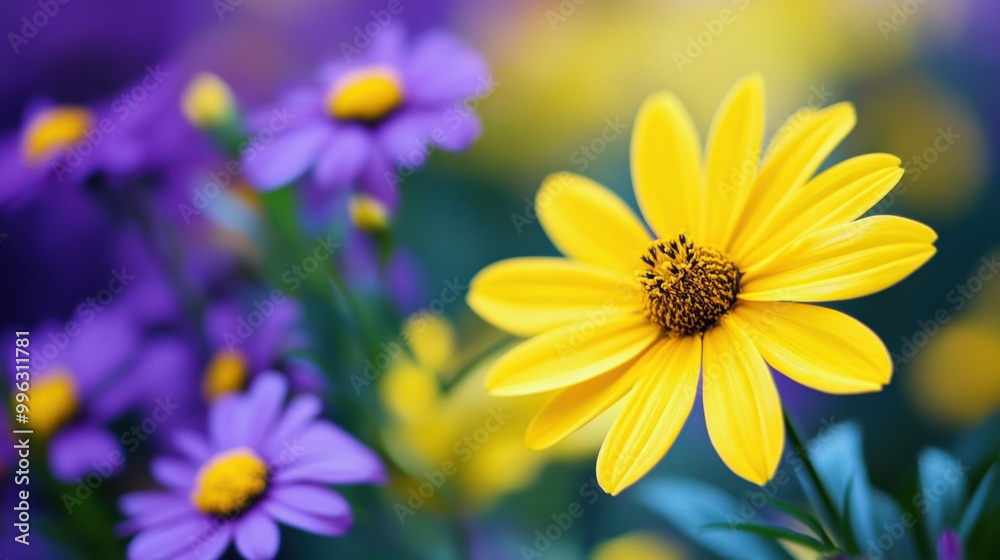 Naklejka premium Bright yellow flower stands out among purple blooms, creating vibrant and cheerful garden scene. mix of colors evokes sense of joy and tranquility