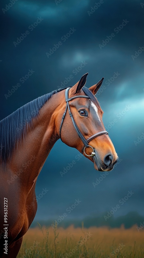 Naklejka premium Horse in mid-rear, powerful muscles tensed, captured against a stormy sky
