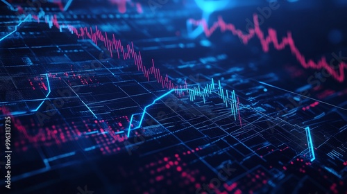 A detailed visualization of market trends with digital graphs and data points in vibrant blue and pink colors.