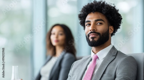 Confident businessman in a suit, focused on a meeting with colleagues.