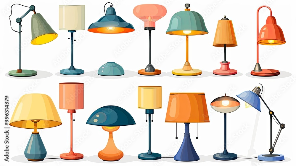 Set of table lamps different shapes and colors. Office desk lamps, night bedside table lamps, retro mid-century modern desktop lamps. Vector illustrations isolated on transparent background Set of table lamps different shapes and colors. Office desk lamps, night bedside table lamps, retro mid-century modern desktop lamps. Vector illustrations isolated on transparent background