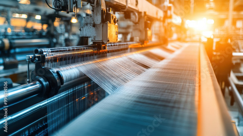 Wallpaper Mural image showcases textile weaving machine producing fabric in modern industrial setting, highlighting intricate process of fabric creation. warm light adds dynamic atmosphere to scene Torontodigital.ca