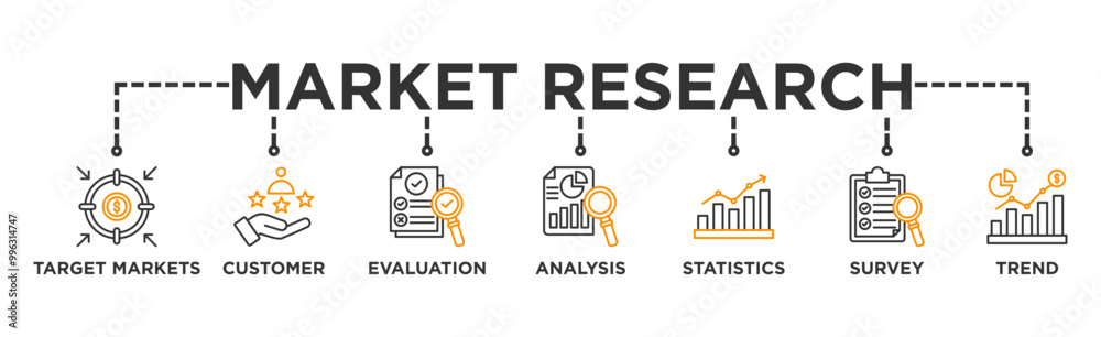 Market research banner web icon vector illustration concept with icon of target markets customer evaluation analysis statistics survey and trend Market research banner web icon vector illustration concept with icon of target markets customer evaluation analysis statistics survey and trend