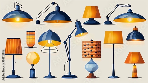Set of table lamps different shapes and colors. Office desk lamps, night bedside table lamps, retro mid-century modern desktop lamps. Vector illustrations isolated on transparent background