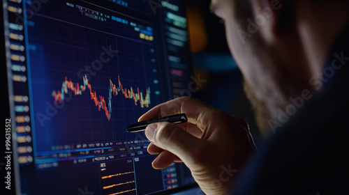 A stockbroker's hand analyzing a line graph displayed on a computer screen, representing market trends, data-driven decisions, and financial analysis in trading.






 photo