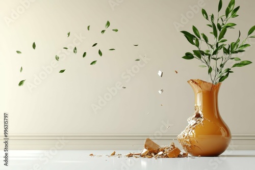 A smashed vase on a clean surface symbolizing the destruction of fragile social structures by extremism. photo