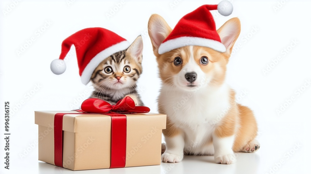 Cute kitten and corgi puppy wearing santa hats with red gift box on white background. Christmas, new year, december, valentine's day. Greeting card, wallpaper, poster, banner