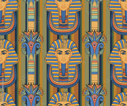 Ancient Egypt. Vintage seamless pattern with Egyptian gods and symbols. Retro hand drawn vector repeating illustration. Ra, Isis, Anubis, Sekhtmet, Cleopatra, pyramid.