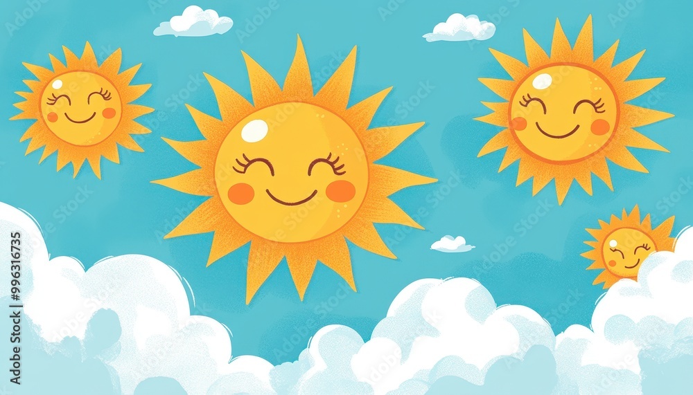 Hand-drawn smiley suns and clouds, cheerful day, flat design illustration Hand-drawn smiley suns and clouds, cheerful day, flat design illustration