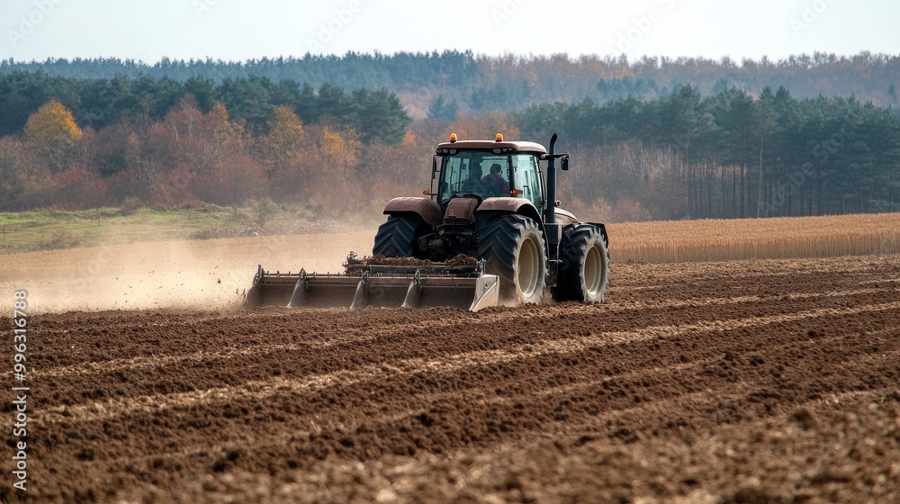 Fototapeta premium Modern Tractor Plowing a Vast Agricultural Field