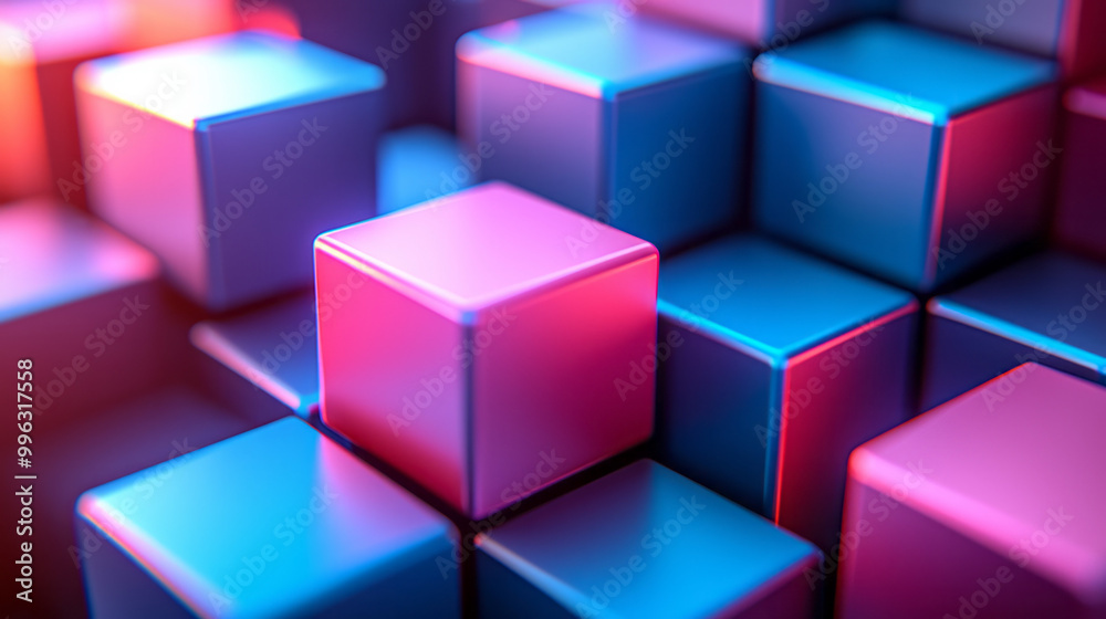 Blurred abstract cluster of blue and pink cubes, Blurred abstract cluster of blue and pink cubes,